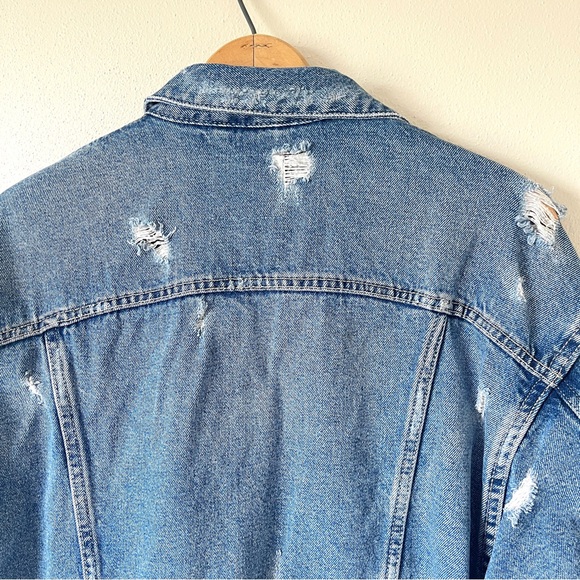Zara Women's Distressed Button Down Long Length Medium Wash Denim Jacket - Picture 8 of 16
